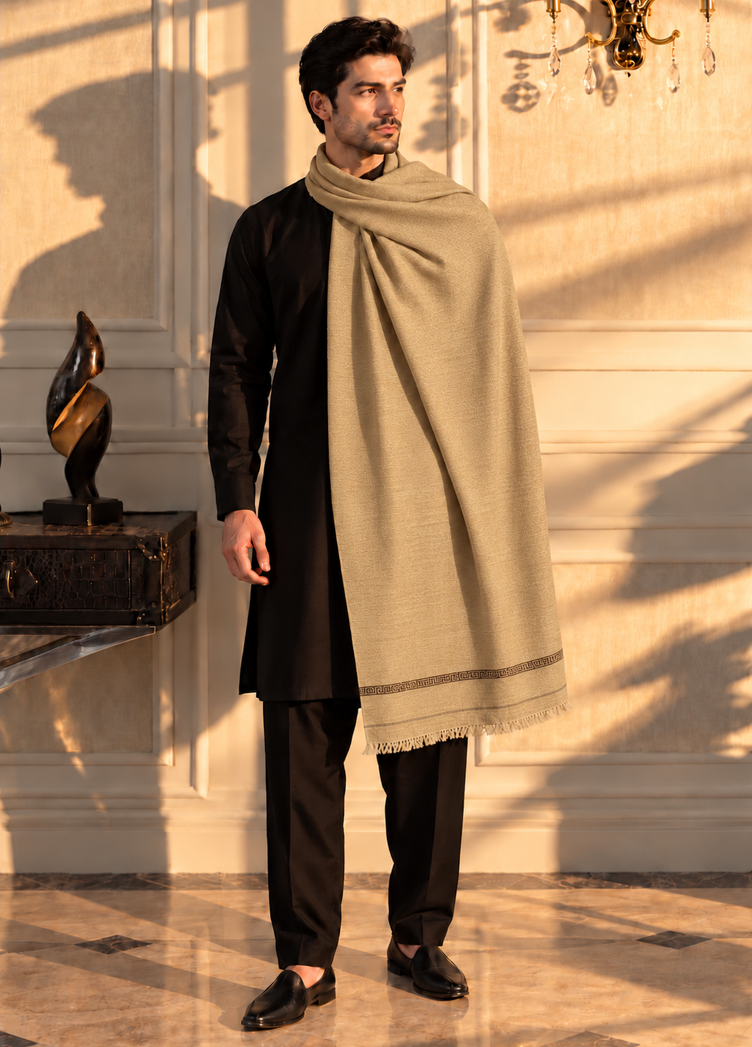 Sanaulla Exclusive Range Men Solids Wool Shawl KPS: D-77 Light Brown-01 - Winter Collection