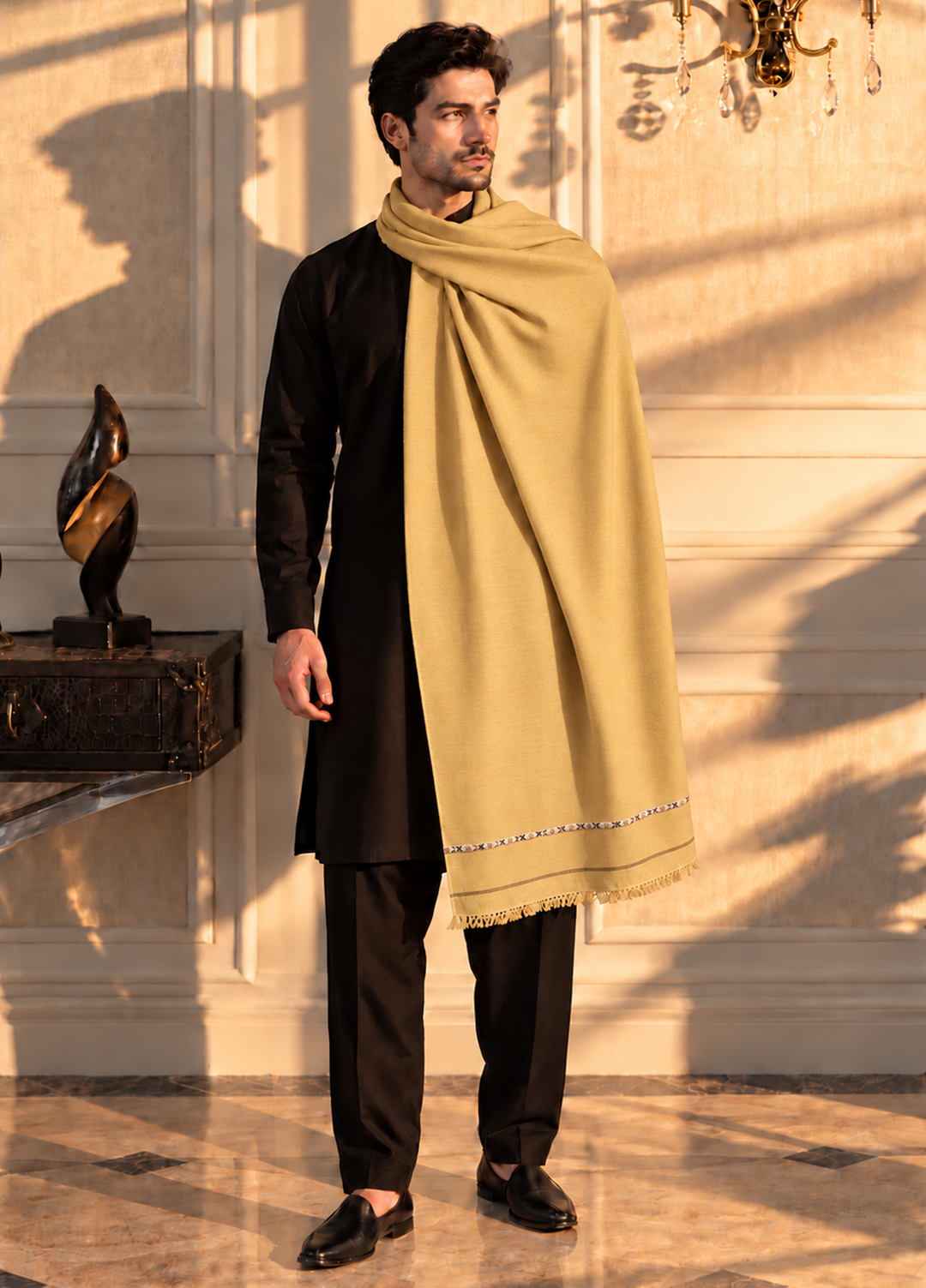 Sanaulla Exclusive Range Men Solids Wool Shawl KPS: D-78 Khaki-01 - Winter Collection