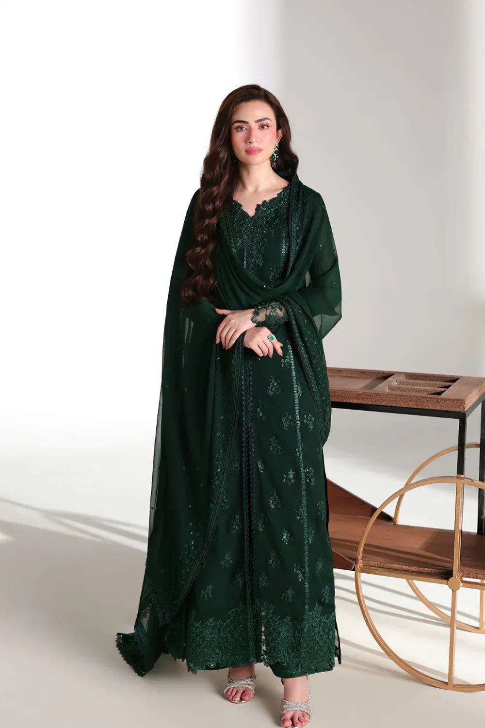 Ensembles by Azure Unstitched Embroidered Chiffon 3 Piece Suit AZ26UEF LEENA - Festive Collection