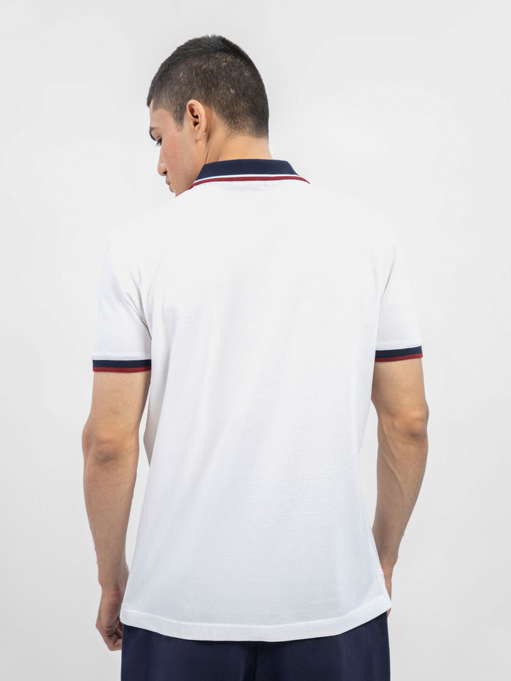 Brumano  Solids Cotton Polo White Pique Polo With Contrasting Navy Collar