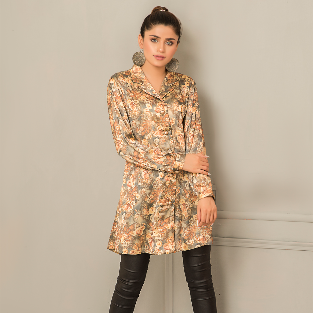 Syah Women RTW Printed Silk 1 Piece Silk Coat Collar Shirt - Festive Collection