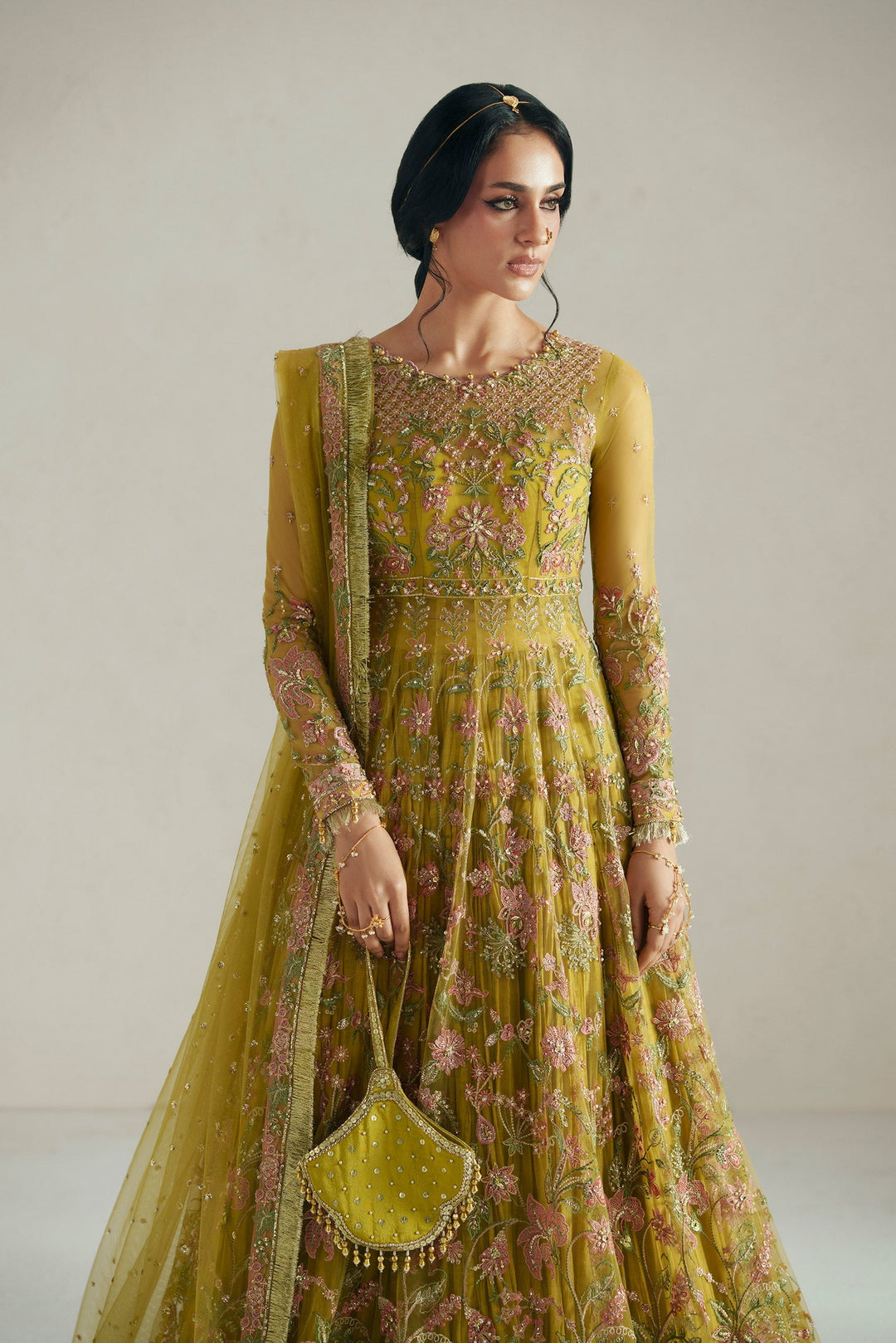 Vera Unstitched Embroidered Net 4 Piece Suit VR26UWF Marigold Mustard - Wedding Collection