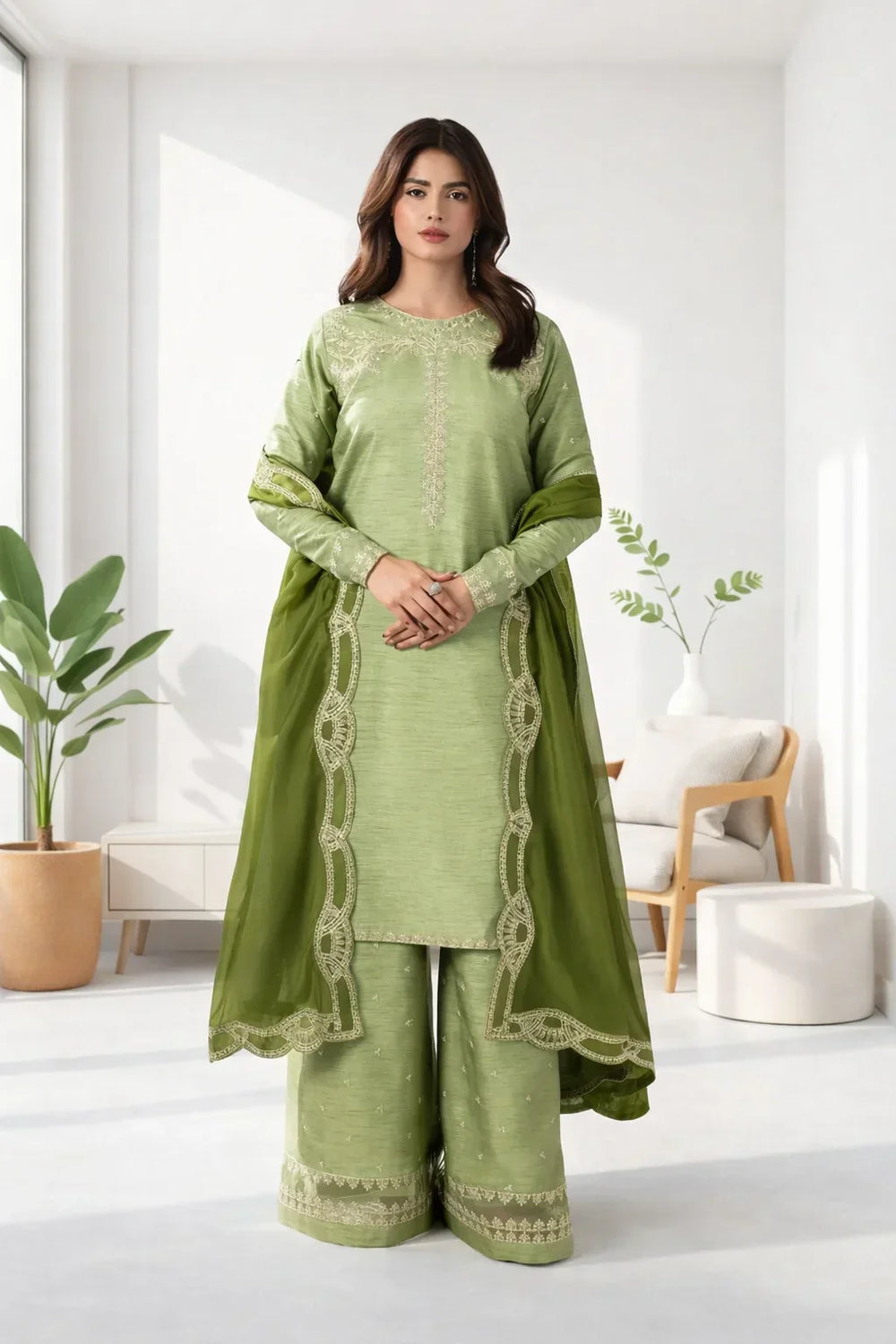Silk Atelier by Jamni RTW Embroidered Korean Silk 3 Piece Suit MINT CRUSH Festive Collection