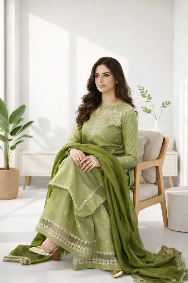 Silk Atelier by Jamni RTW Embroidered Korean Silk 3 Piece Suit MINT CRUSH Festive Collection