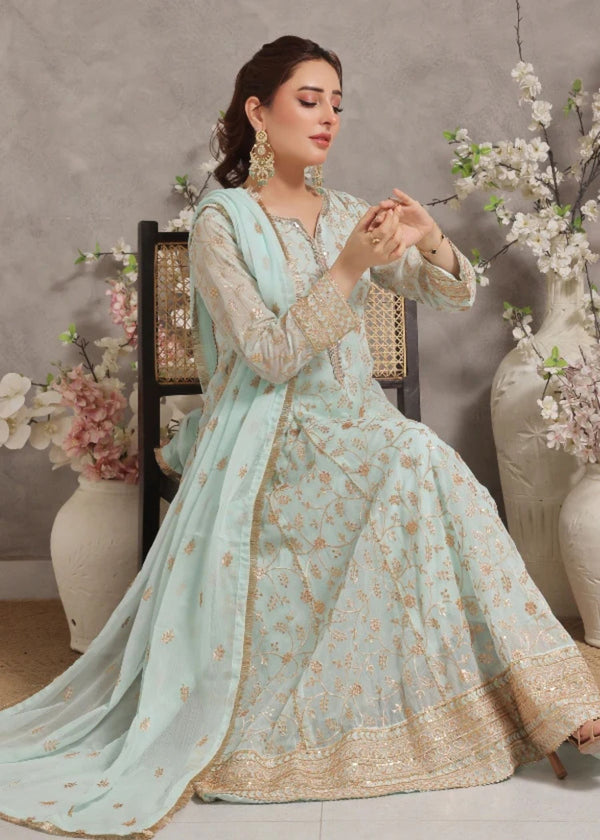 Unss Apparel Women Pret Embroidered Chiffon 3 Piece Suit Haani Mint Green - Festive Collection