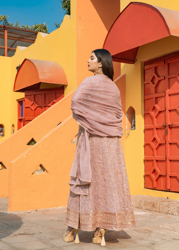 Unss Apparel Women Pret Embroidered Chiffon 3 Piece Suit Haani Tea Pink - Festive Collection