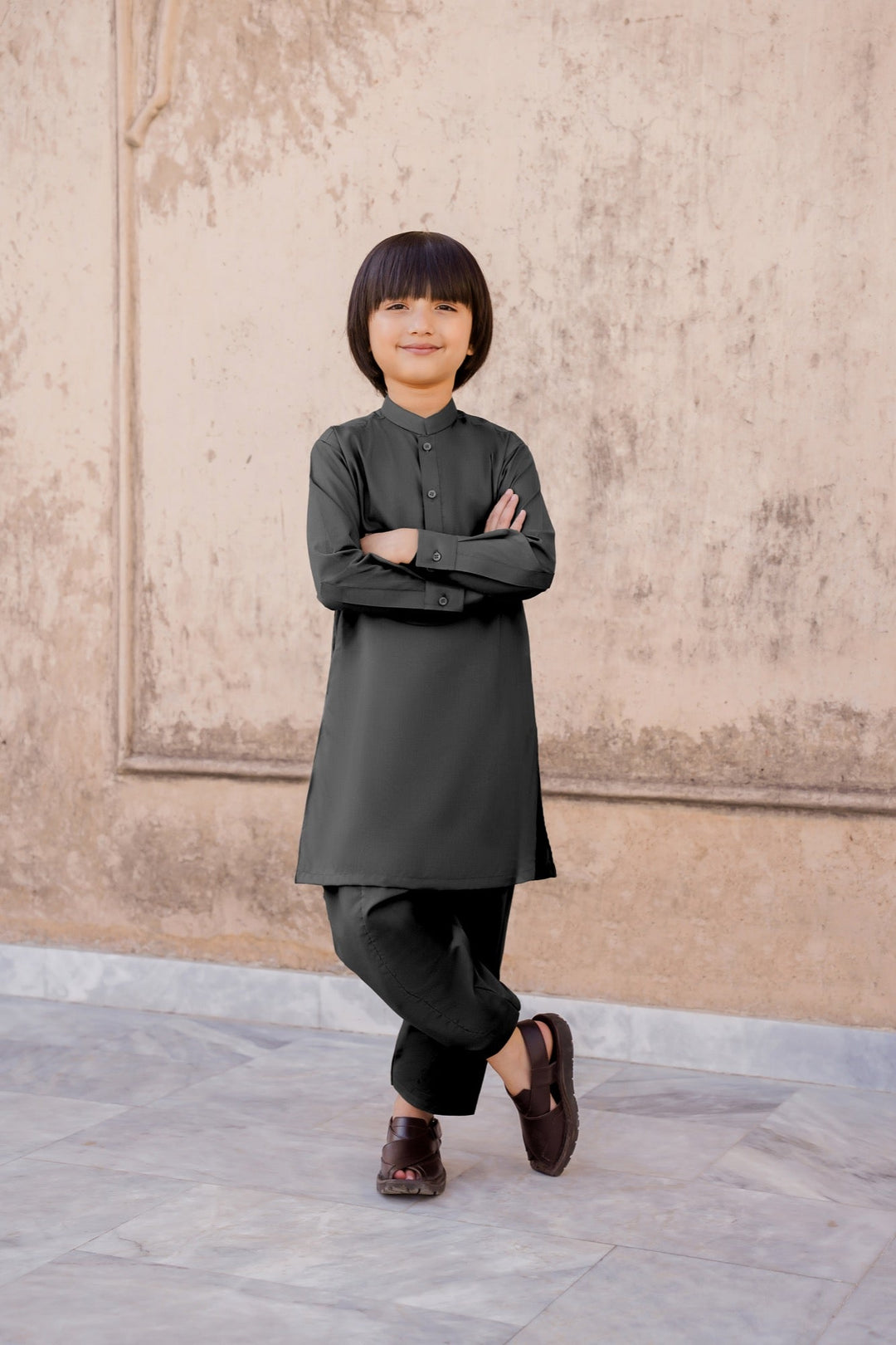 Paasban by Divinely Crafted Solids Blended 2 Piece Shalwar Kameez For Kids Jet Black - Summer Collection