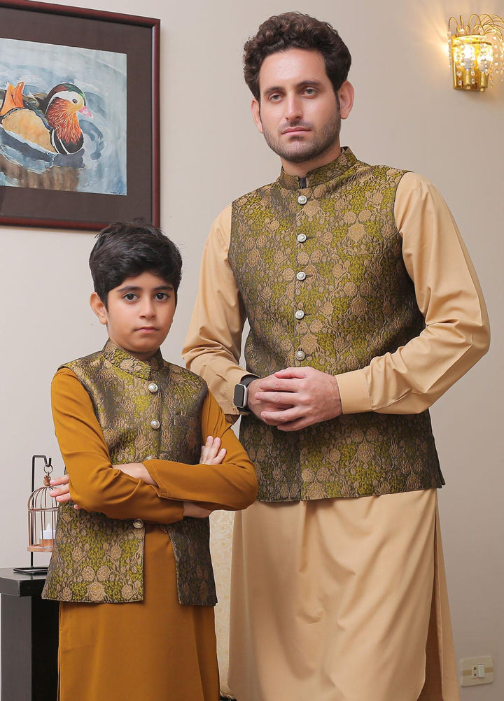 Real Image Jamawar Smart Fit Waistcoat for Kids -  OKW-006 Green