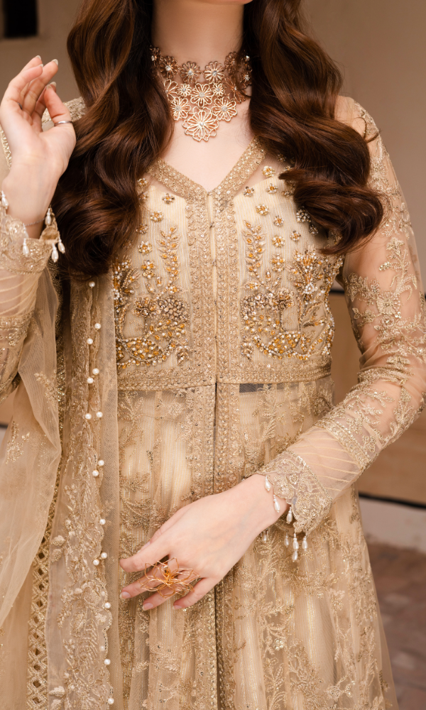 Waresha Women RTW Embroidered Net 3 Piece Suit Golden Bloom Pastel Skin - Festive Collection