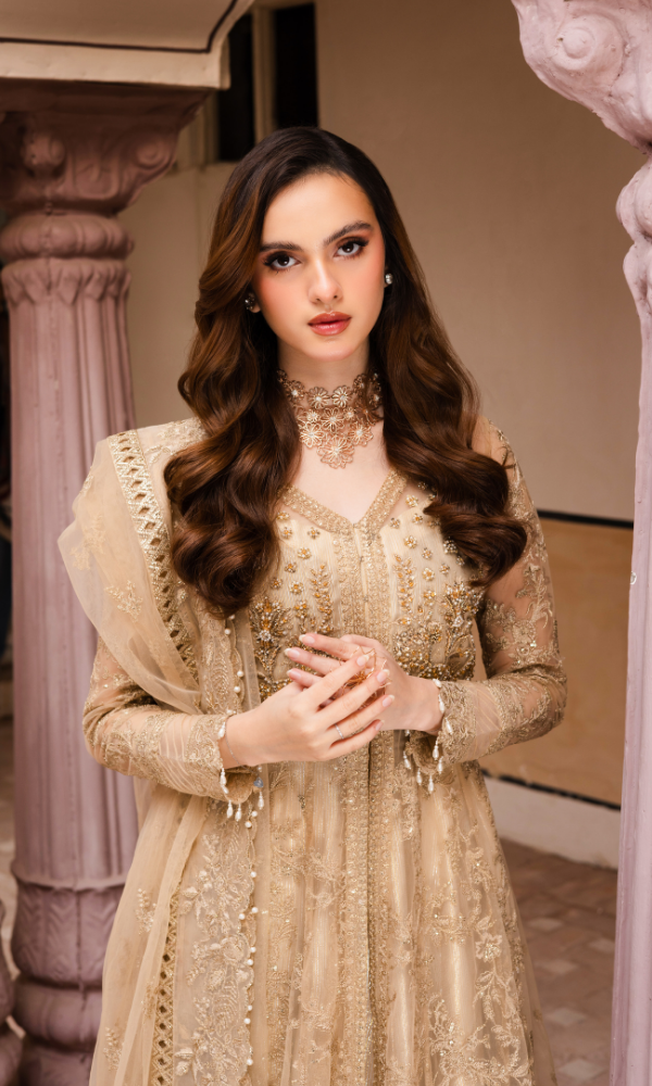 Waresha Women RTW Embroidered Net 3 Piece Suit Golden Bloom Pastel Skin - Festive Collection