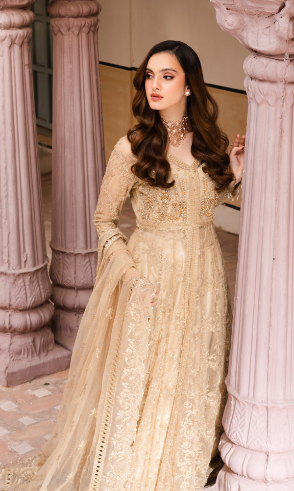 Waresha Women RTW Embroidered Net 3 Piece Suit Golden Bloom Pastel Skin - Festive Collection