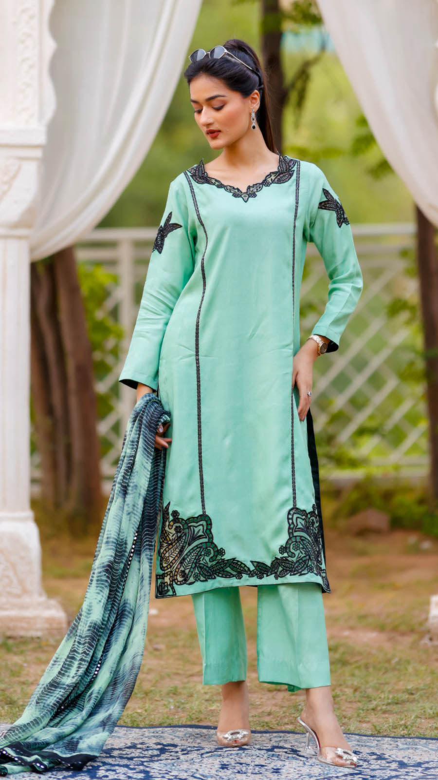 Jashn e Eid by Reezas Women Embroidered Lawn Silk 3 Piece Mehr-e-Eid Mint Green - Summer Collection
