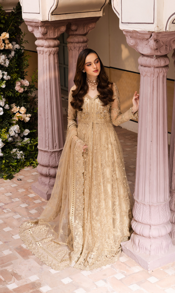 Waresha Women RTW Embroidered Net 3 Piece Suit Golden Bloom Pastel Skin - Festive Collection