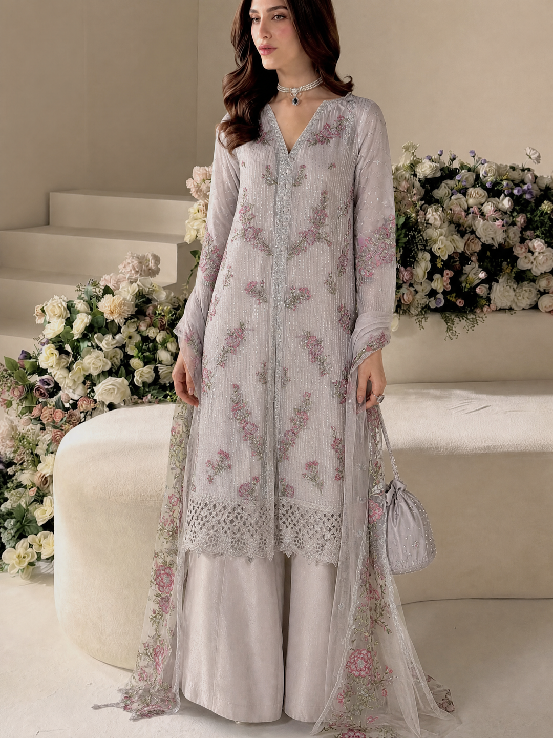 Falsafaa by HZ Textiles RTW Embroidered Organza 3 Piece Suit HZ26ULF HZK-237 C.Blue - Festive Collection