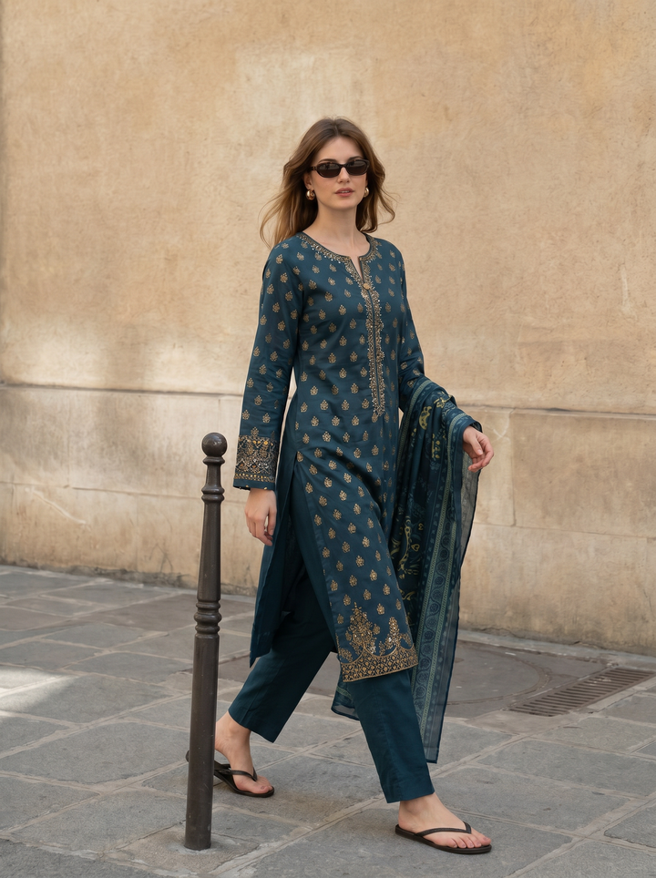 Block and Bloom by HZ Textiles RTW Embroidered Cotton 3 Piece Suit HZ26PCB SBE-005-3P - Casual Collection