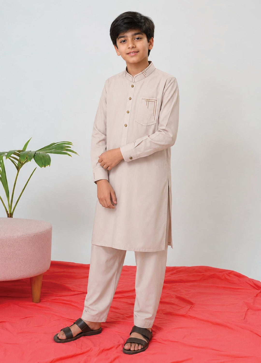 Aizaz Zafar Boys RTW Solids Wash N wear 2 Piece Suit D-365 Ash White - Casual Collection