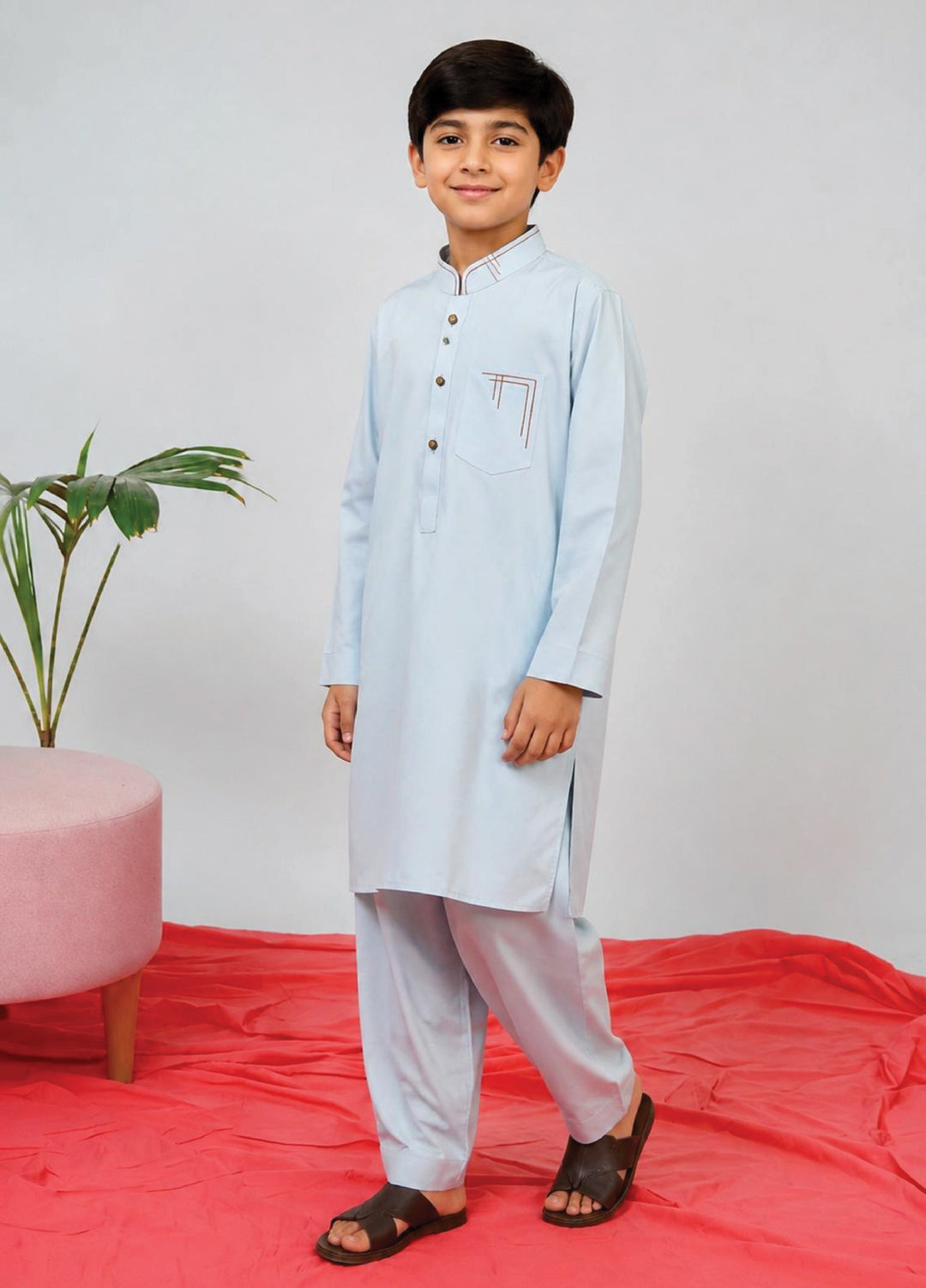 Aizaz Zafar Boys RTW Solids Wash N wear 2 Piece Suit D-365 Sky Blue - Casual Collection