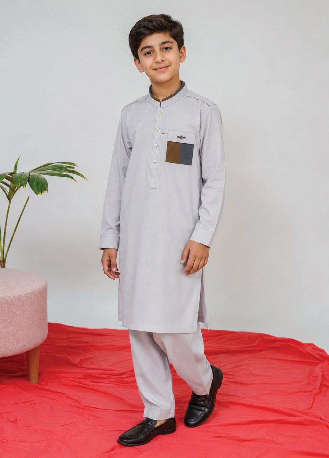 Aizaz Zafar Boys RTW Solids Wash N wear 2 Piece Suit D-356 Grey - Casual Collection