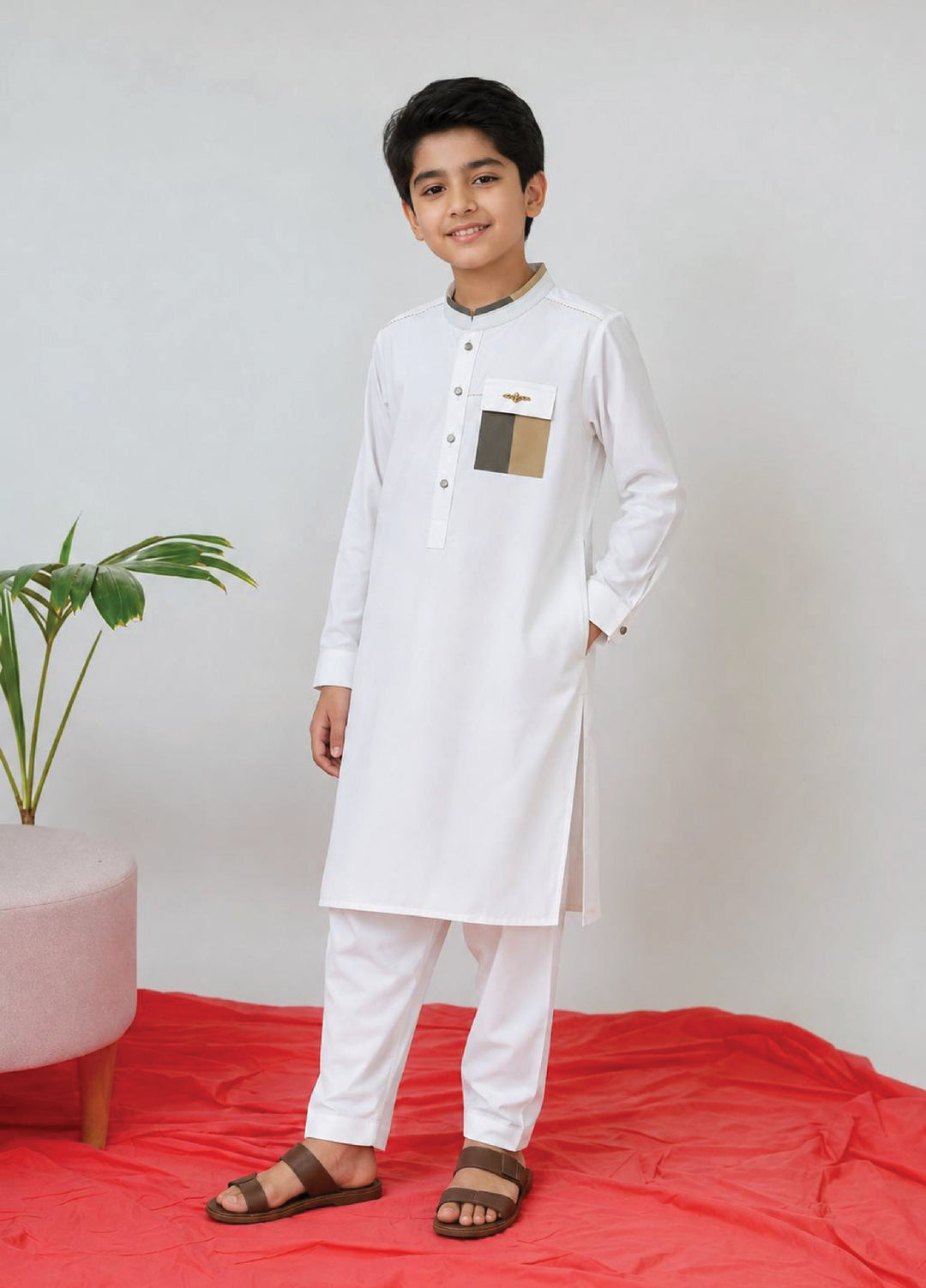 Aizaz Zafar Boys RTW Solids Wash N wear 2 Piece Suit D-356 White - Casual Collection
