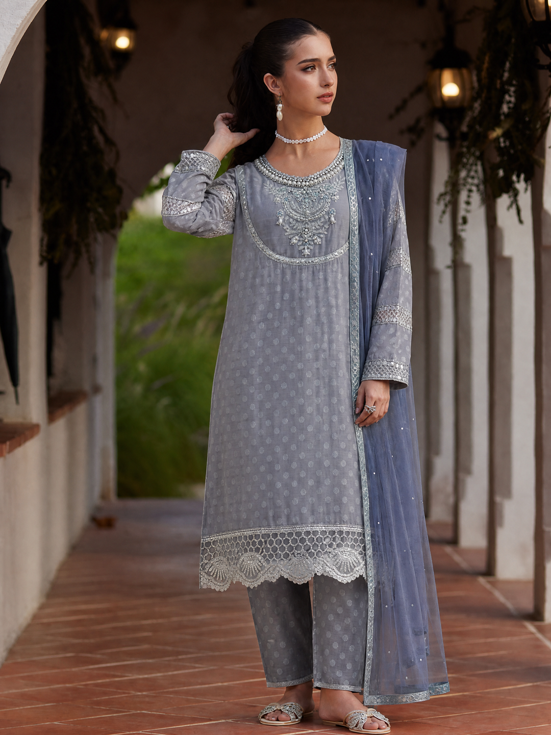 La Elise Women RTW Embroidered Raw Silk 3 Piece Suit P000153 Opaline - Casual Collection