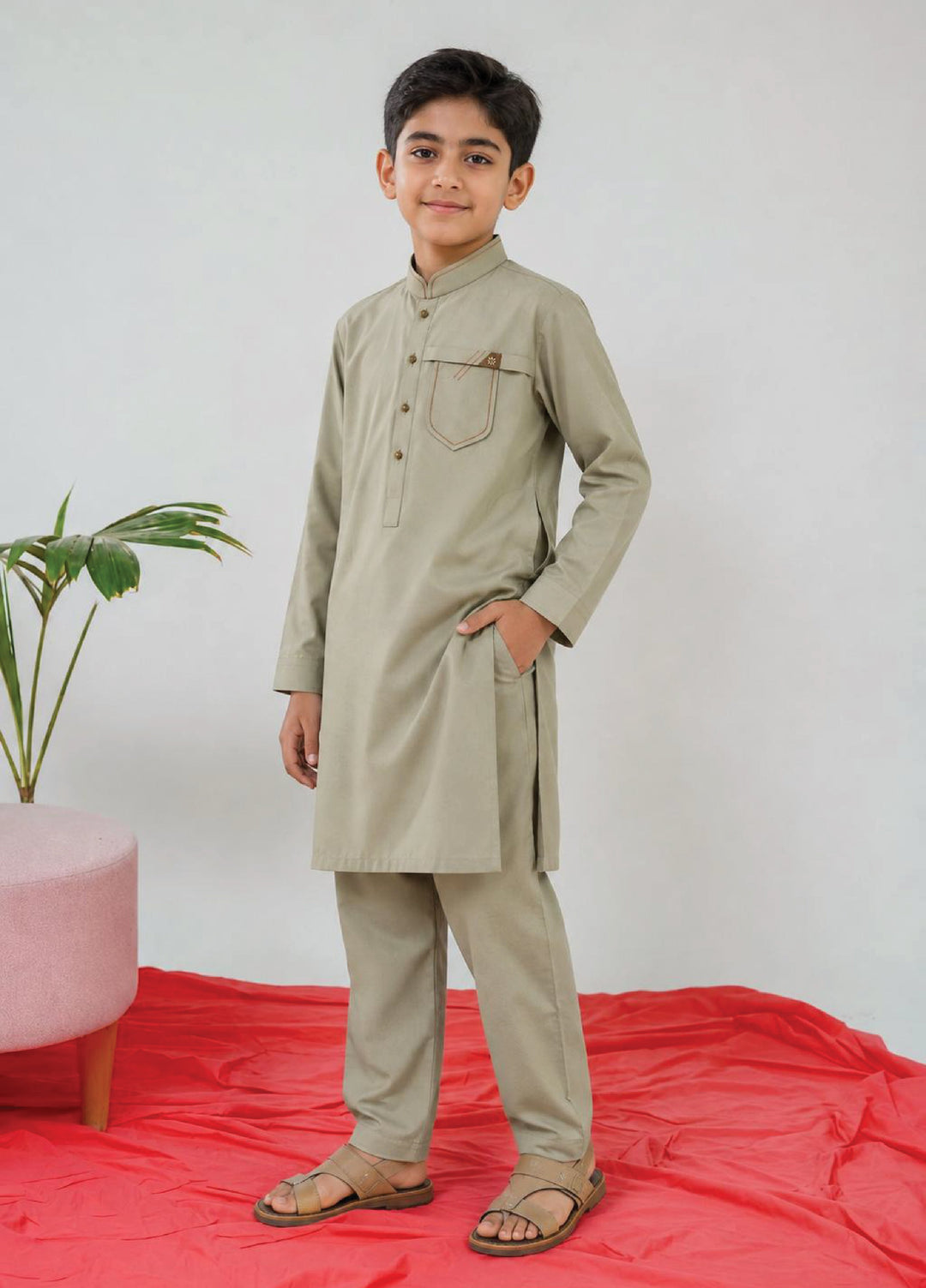 Aizaz Zafar Boys RTW Solids Wash N wear 2 Piece Suit D-358 Khaki - Casual Collection