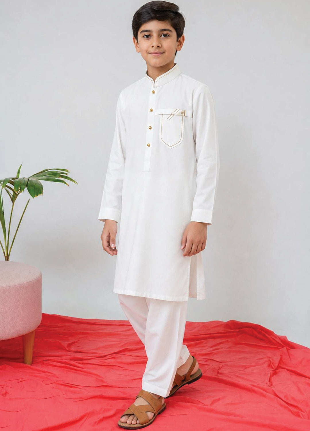 Aizaz Zafar Boys RTW Solids Wash N wear 2 Piece Suit D-358 Off White - Casual Collection