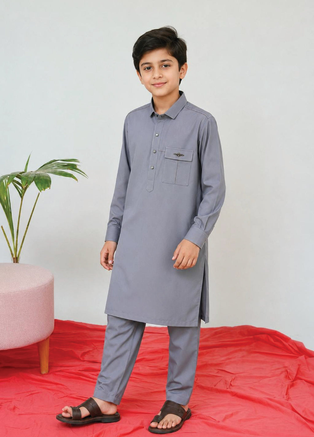 Aizaz Zafar Boys RTW Solids Wash N wear 2 Piece Suit D-359 Grey - Casual Collection
