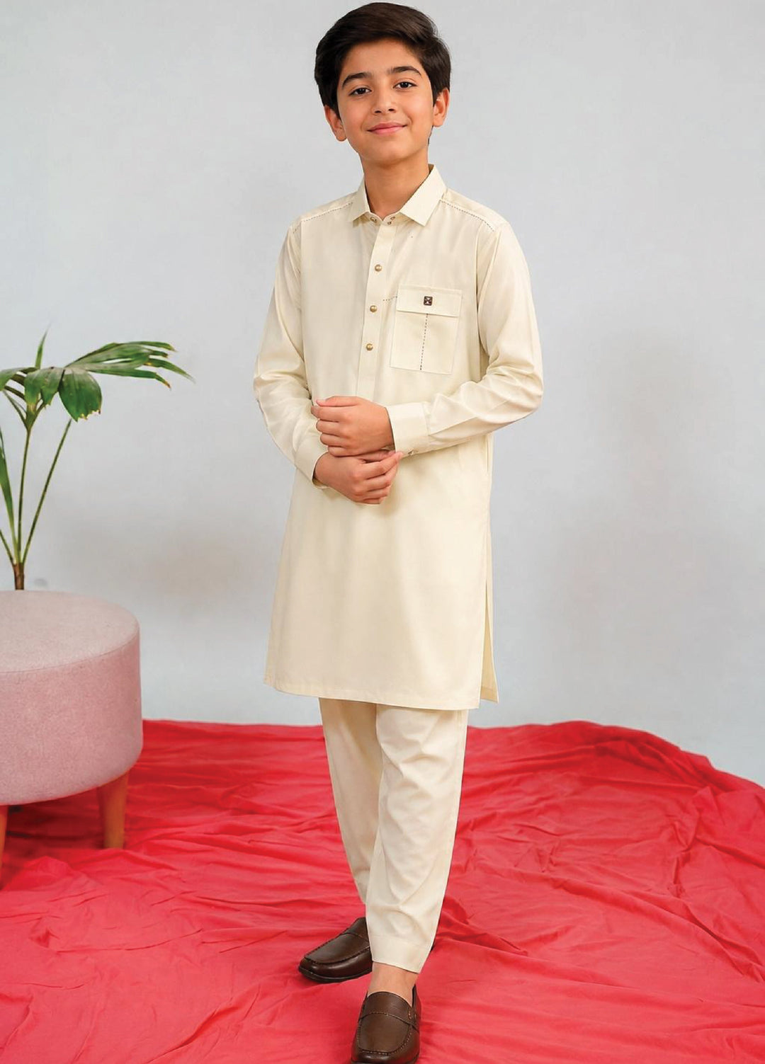Aizaz Zafar Boys RTW Solids Wash N wear 2 Piece Suit D-359 Beige - Casual Collection
