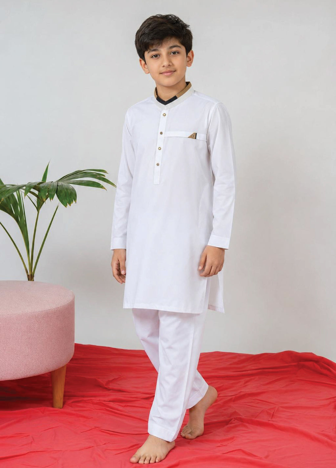 Aizaz Zafar Boys RTW Solids Wash N wear 2 Piece Suit D-360  White - Casual Collection