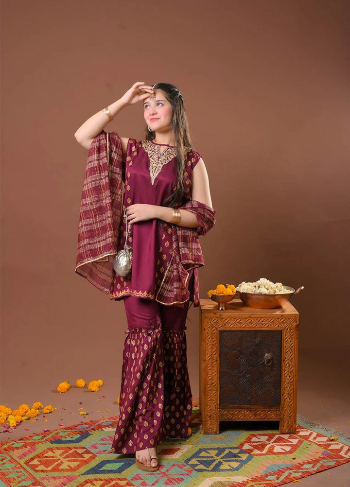 Senorita Girls RTW Printed Viscose Raw Silk 3 Piece Suit GDD-03256 - Festive Collection
