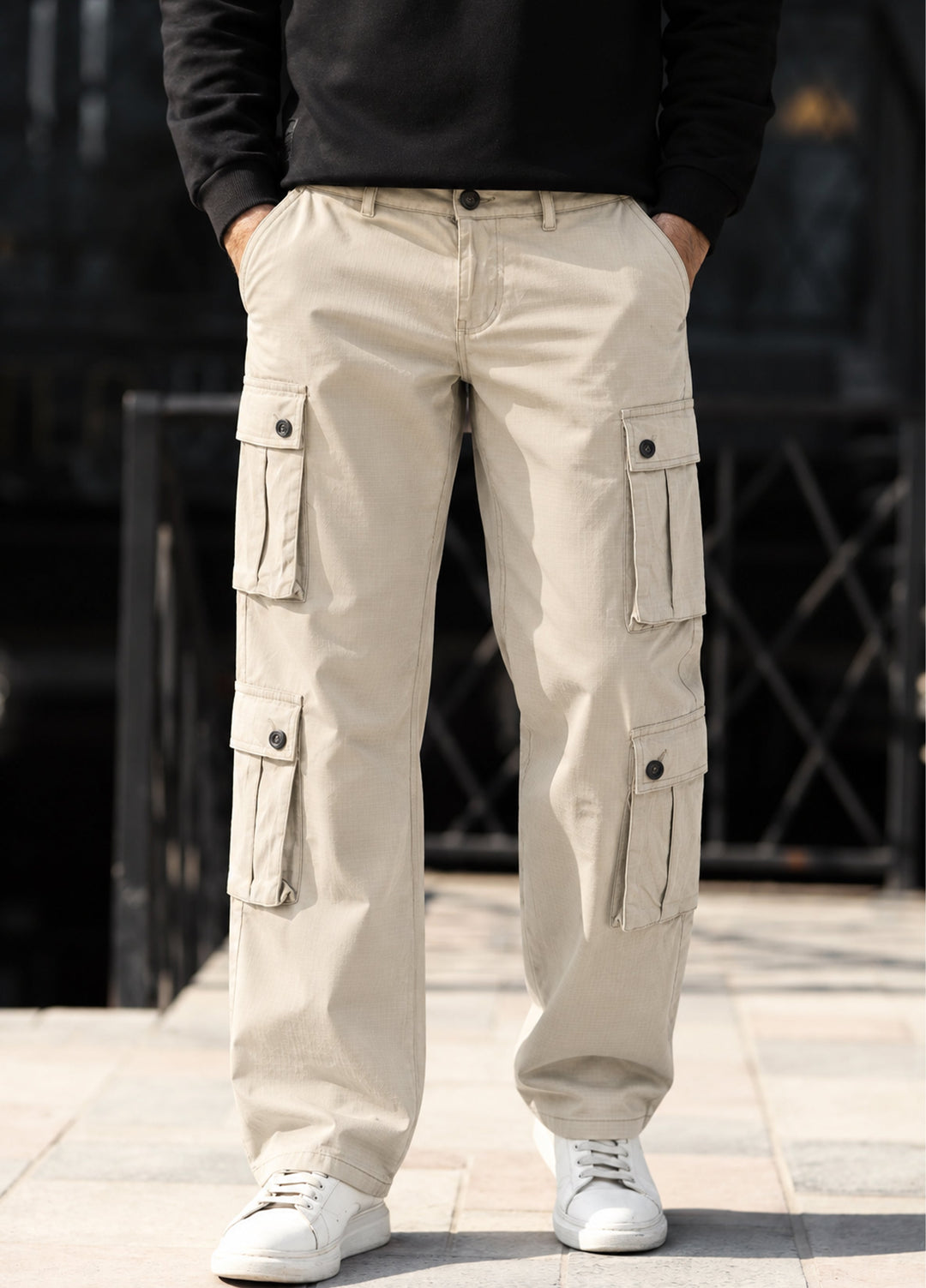 J.F Denim Mens RTW Solids Cotton 1 Piece Cargo 8 Pockets Off White - Casual Collection