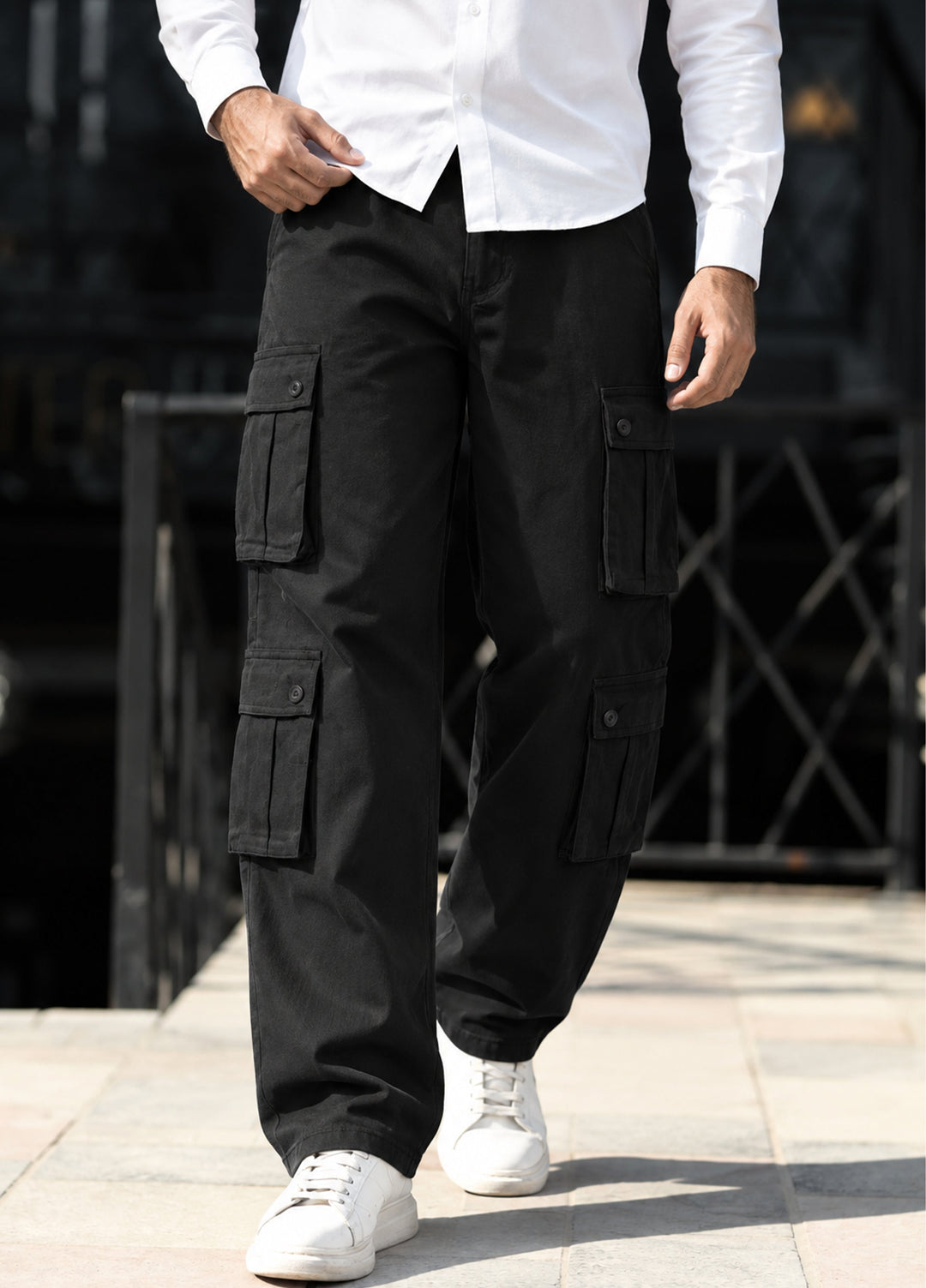 J.F Denim Mens RTW Solids Cotton 1 Piece Cargo 8 Pockets Black - Casual Collection