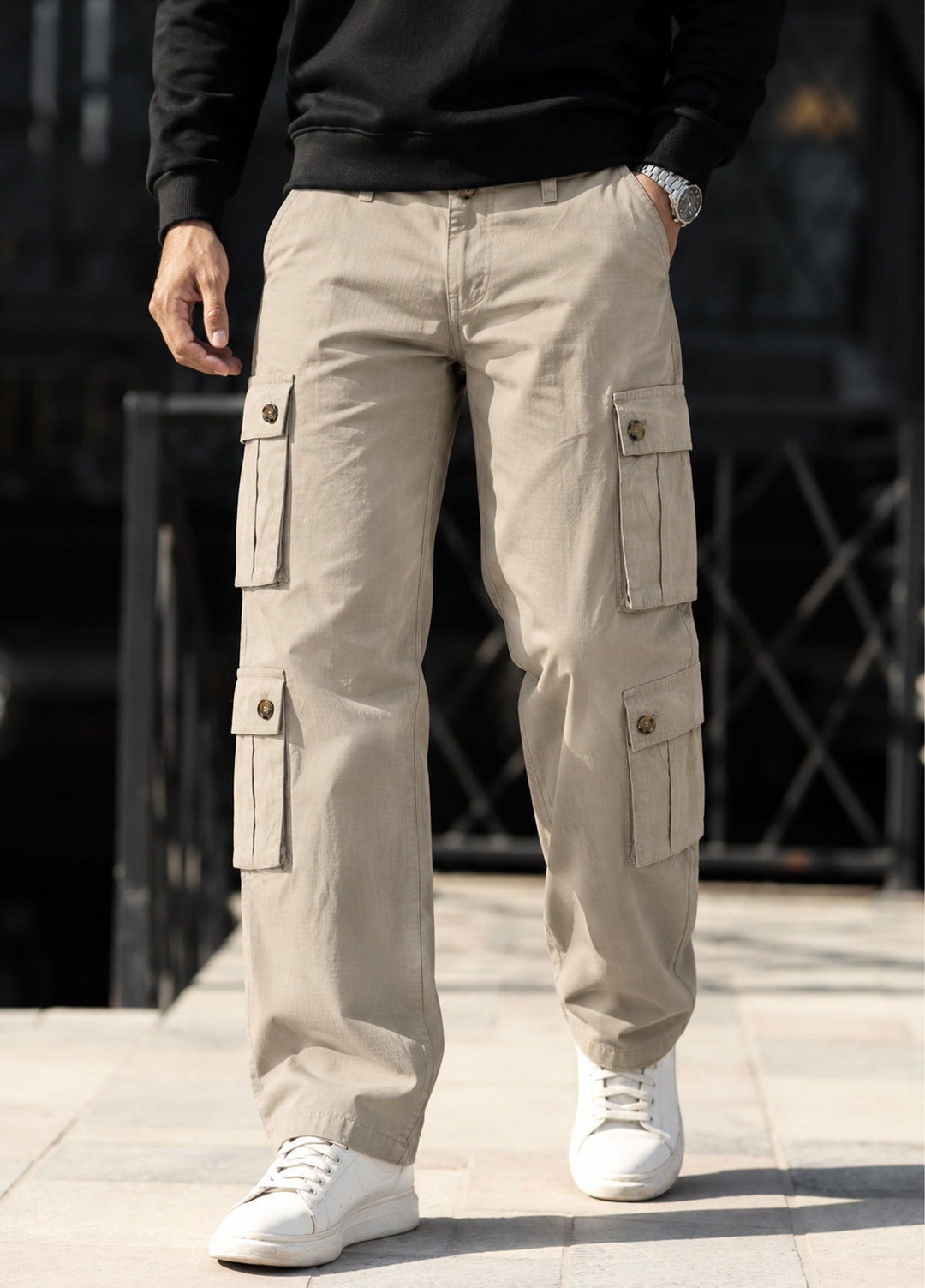 J.F Denim Mens RTW Solids Cotton 1 Piece Cargo 8 Pockets Beige - Casual Collection