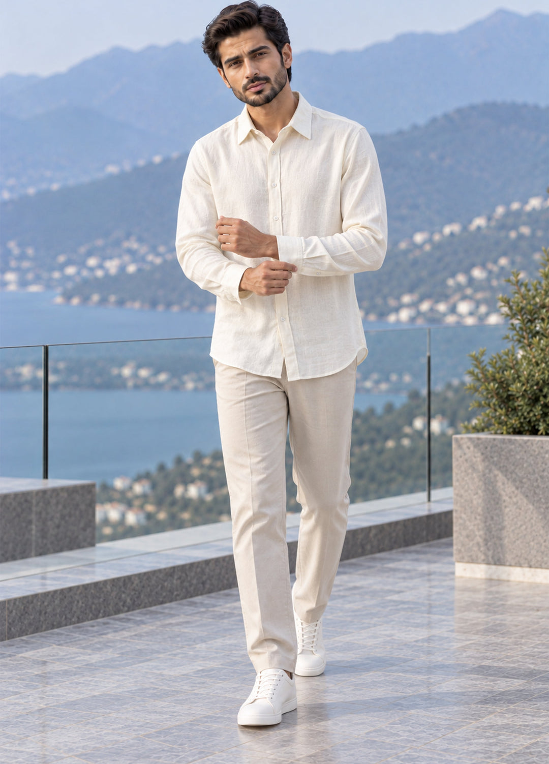 J F Denim Mens Shirt RTW Solids Linen 1 Piece Off White - Casual Collection