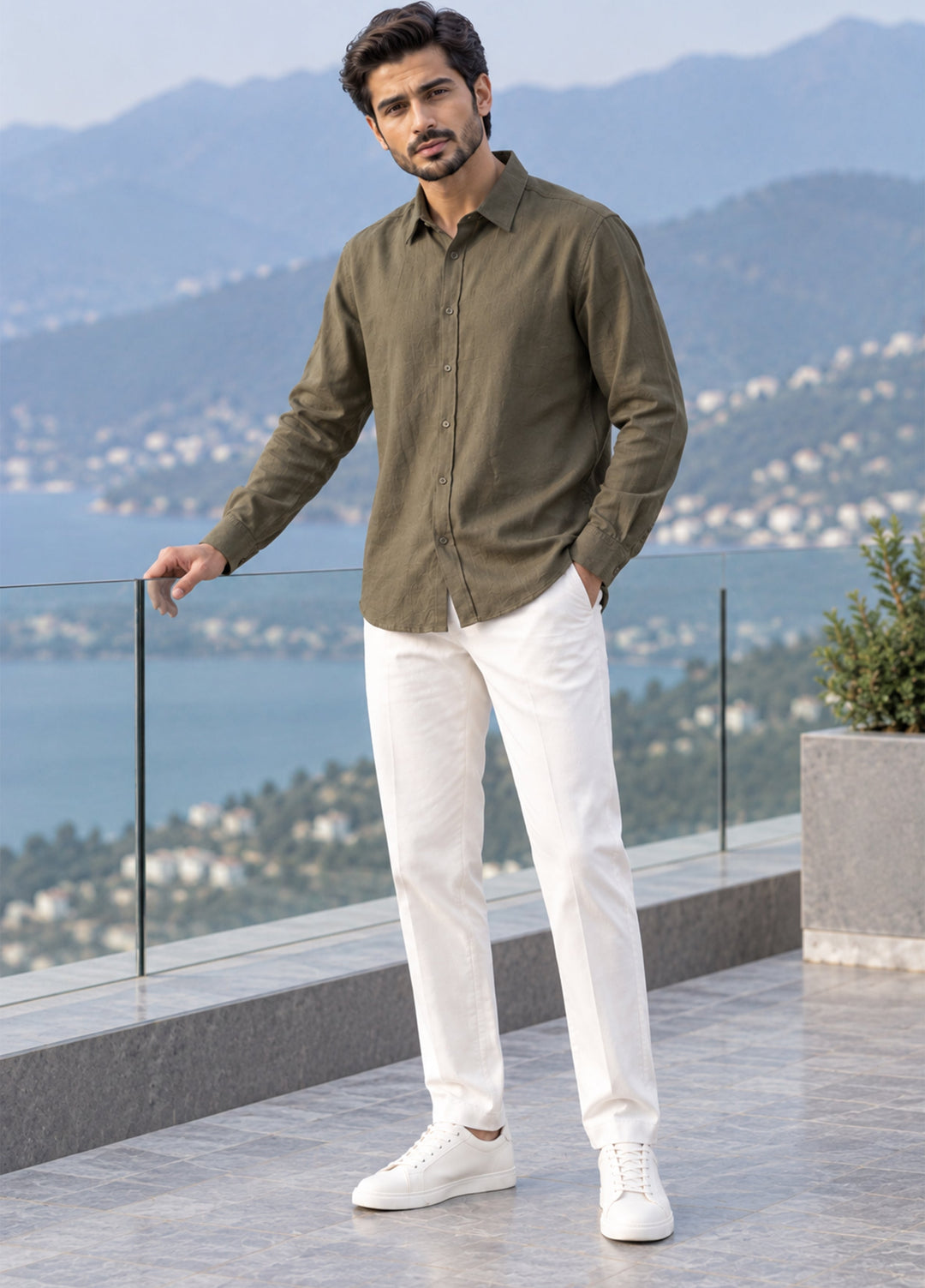 J F Denim Mens Shirt RTW Solids Linen 1 Piece O.Green - Casual Collection
