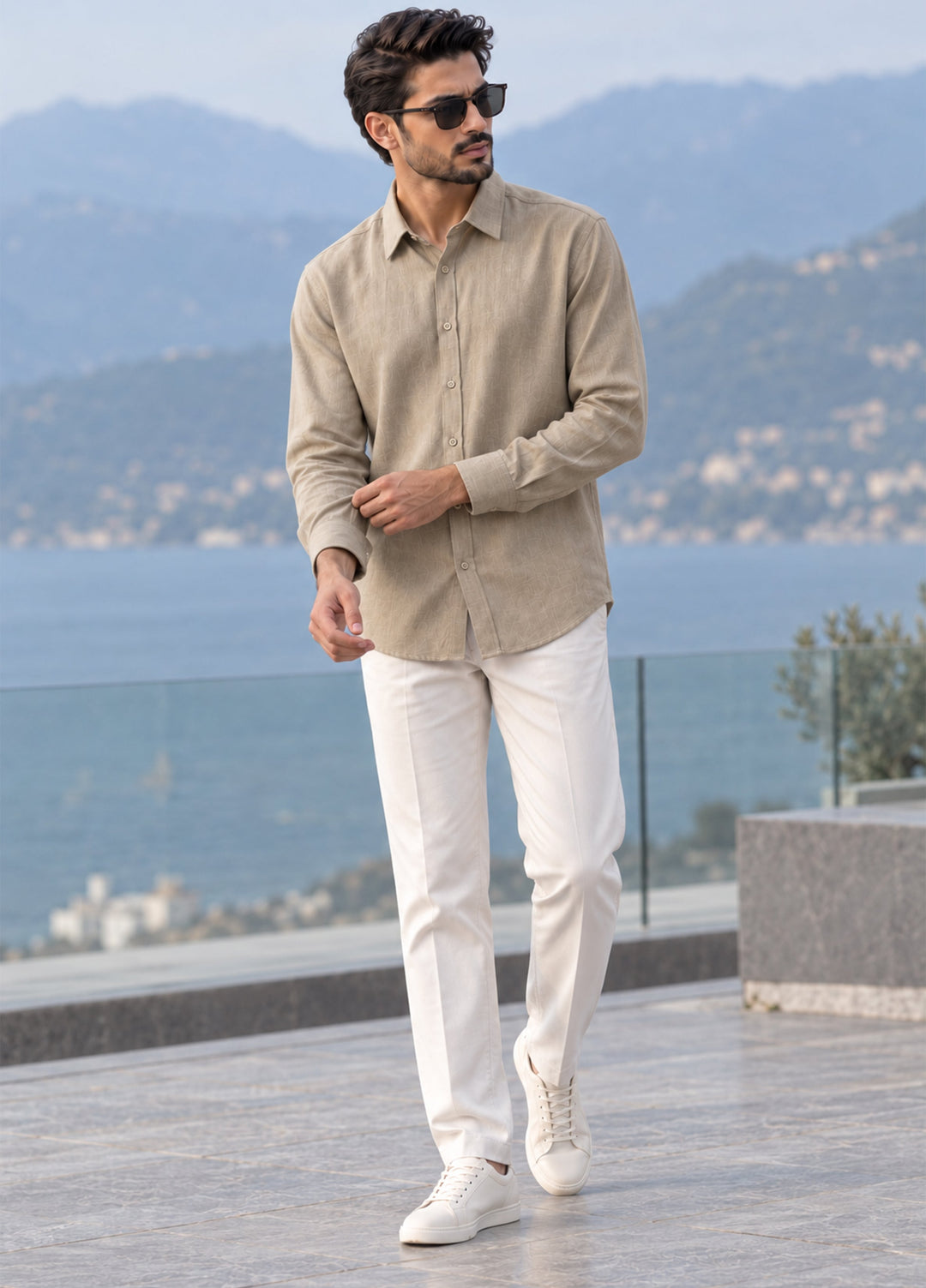 J F Denim Mens Shirt RTW Solids Linen 1 Piece Khaki - Casual Collection
