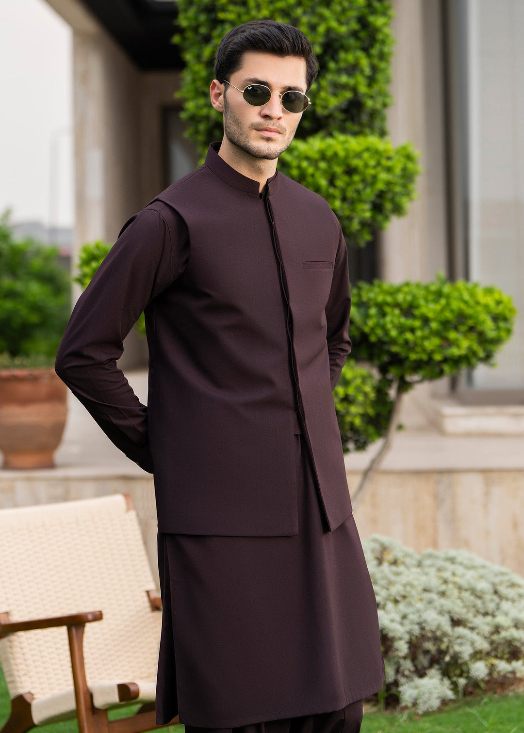 Buraq Men RTW Solids Blended 3 Piece Suit Chocolate Brown Winter Collection
