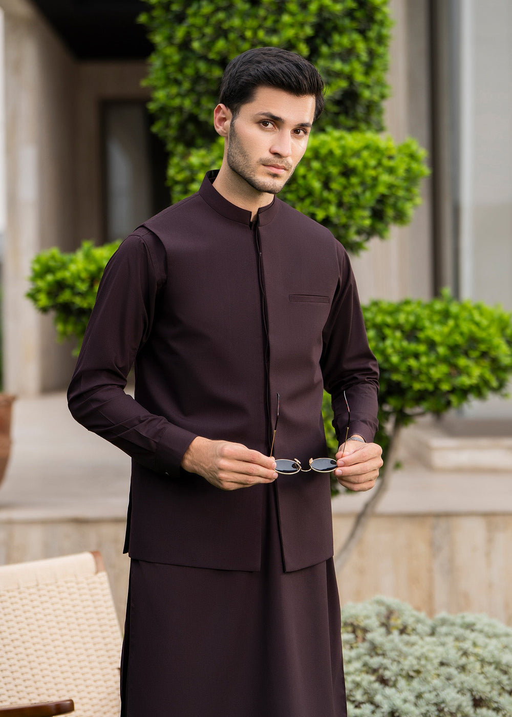 Buraq Men RTW Solids Blended 3 Piece Suit Chocolate Brown Winter Collection