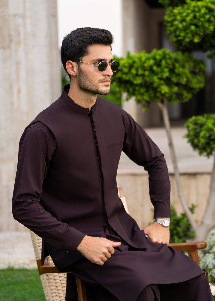 Buraq Men RTW Solids Blended 3 Piece Suit Chocolate Brown Winter Collection