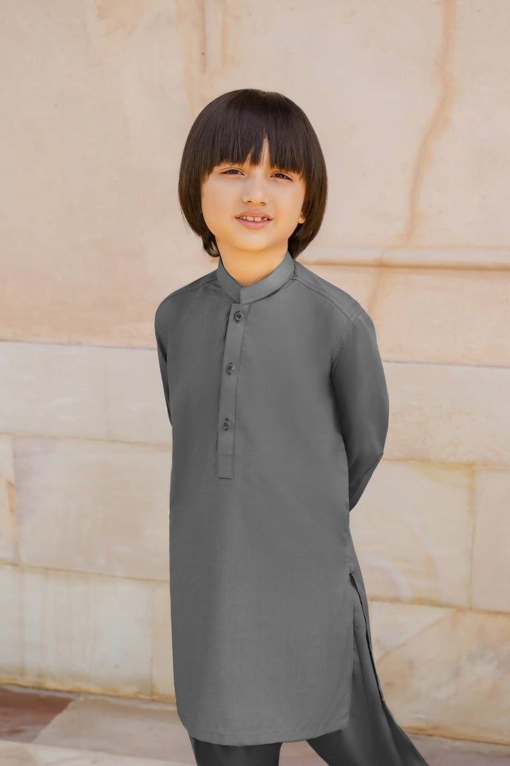 Paasban by Divinely Crafted Solids Blended 2 Piece Shalwar Kameez For Kids Pebble Grey - Summer Collection