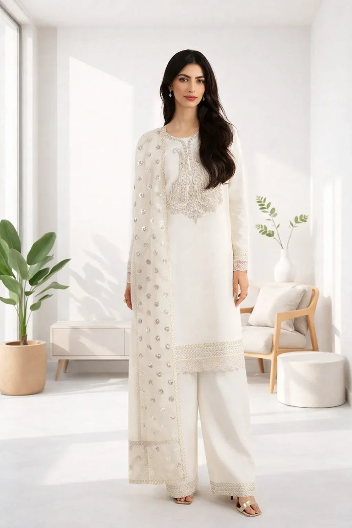 Silk Atelier by Jamni RTW Embroidered Korean Silk 3 Piece Suit VANILLA PATEL Festive Collection