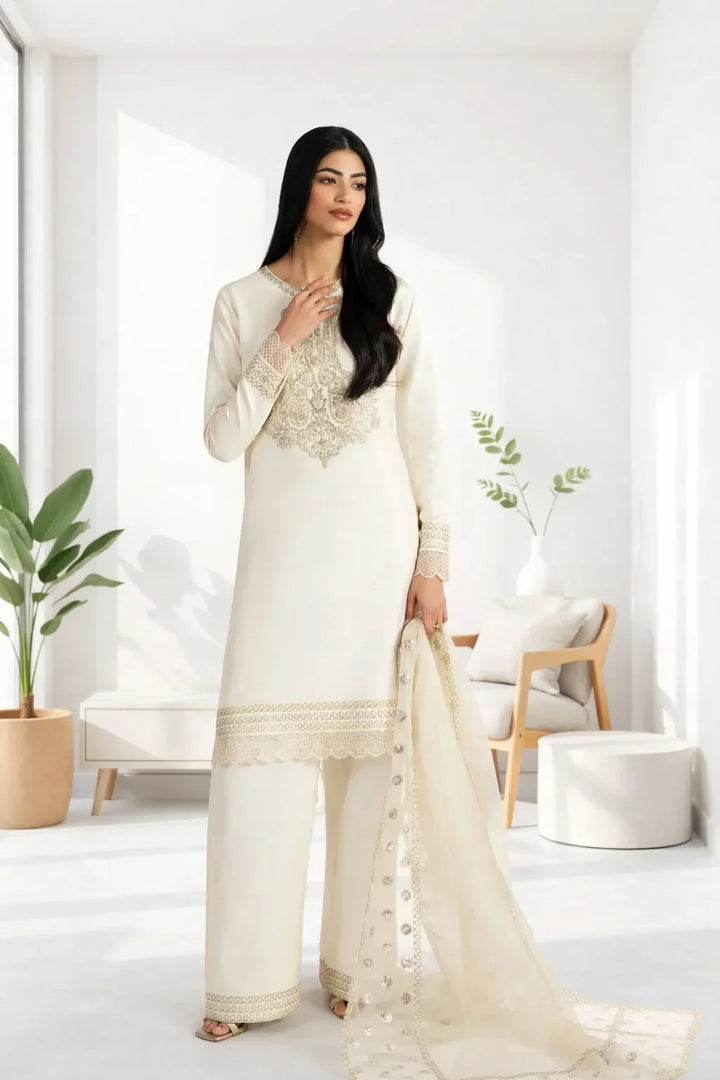 Silk Atelier by Jamni RTW Embroidered Korean Silk 3 Piece Suit VANILLA PATEL Festive Collection