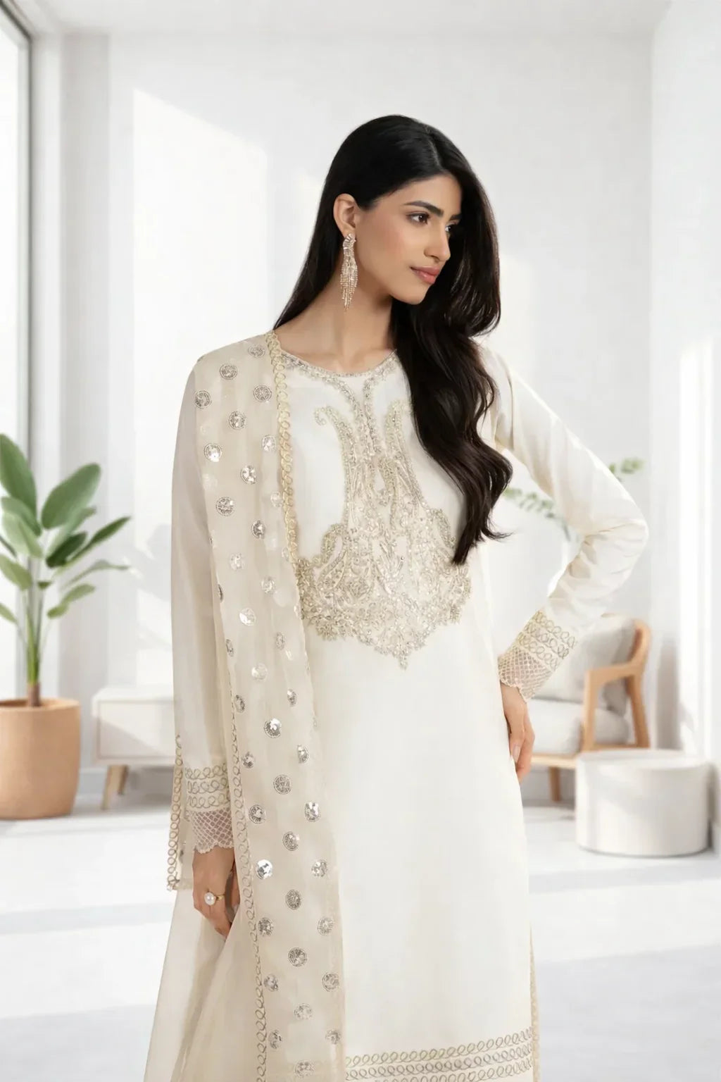 Silk Atelier by Jamni RTW Embroidered Korean Silk 3 Piece Suit VANILLA PATEL Festive Collection
