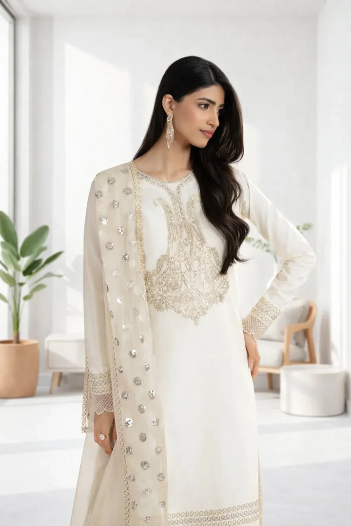 Silk Atelier by Jamni RTW Embroidered Korean Silk 3 Piece Suit VANILLA PATEL Festive Collection