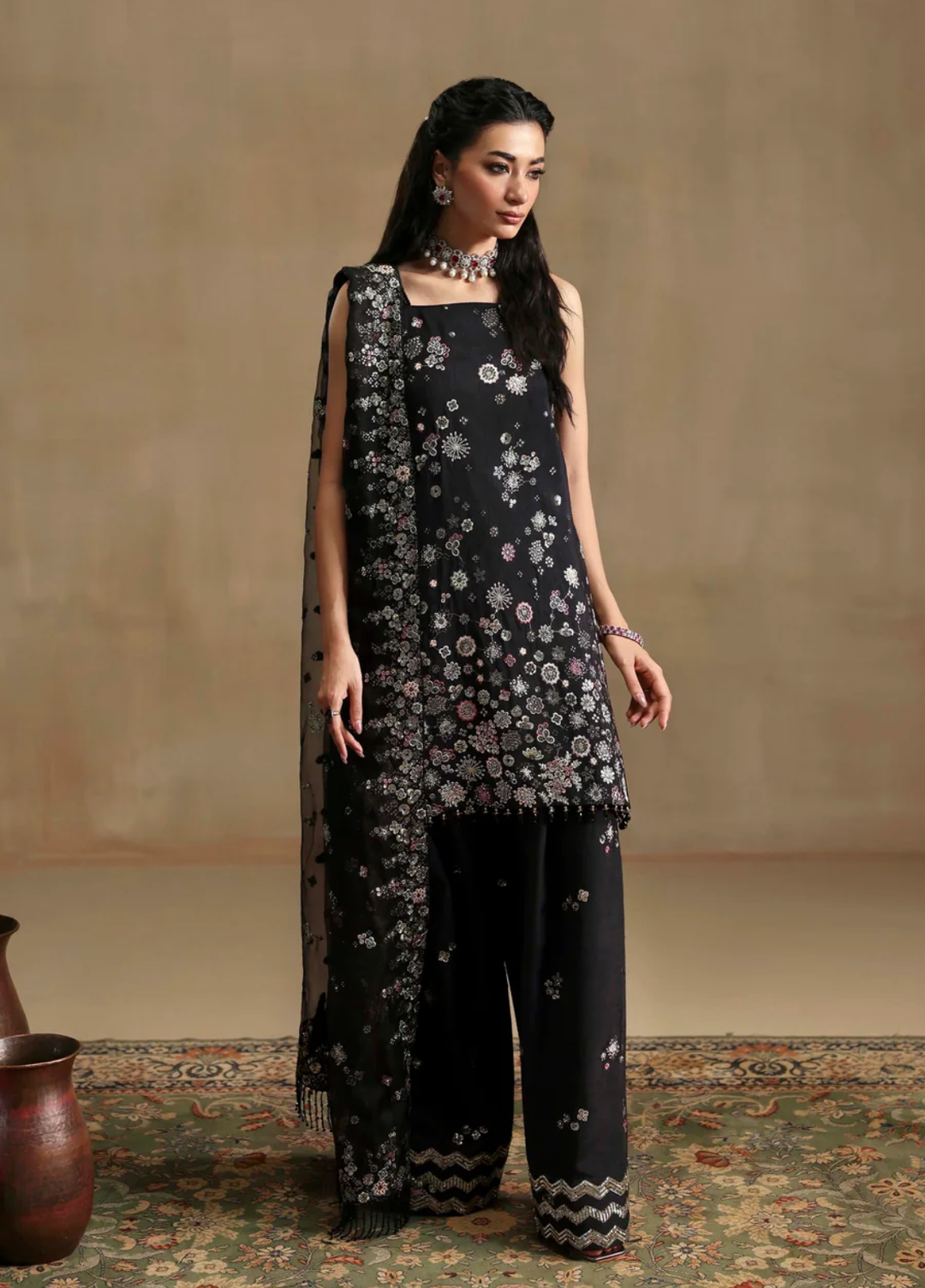 Sable Vogue Unstitched Embroidered Raw Silk 3 Piece Suit SV26UL FC-03-25 Black - Summer Collection