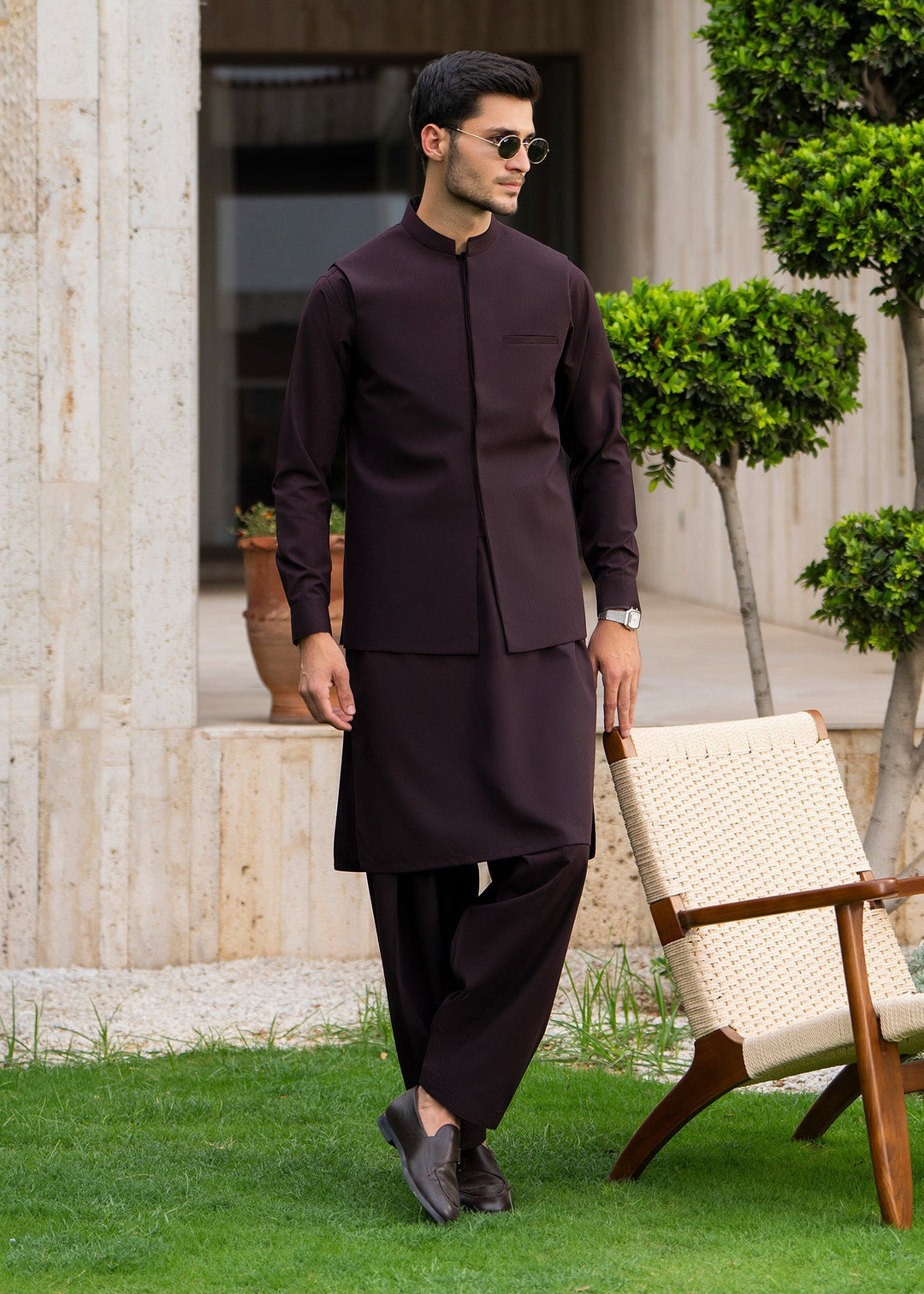 Buraq Men RTW Solids Blended 3 Piece Suit Chocolate Brown Winter Collection