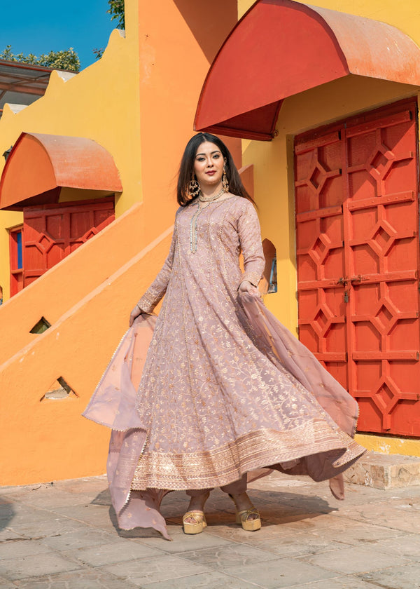 Unss Apparel Women Pret Embroidered Chiffon 3 Piece Suit Haani Tea Pink - Festive Collection