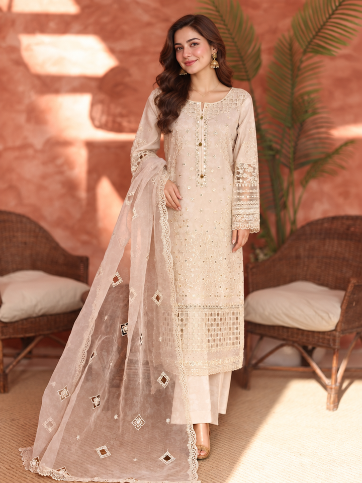 Shaahkaar by HZ Textiles RTW Embroidered Organza 3 Piece Suit HZ26PSO HZK-240 Cream - Festive Collection