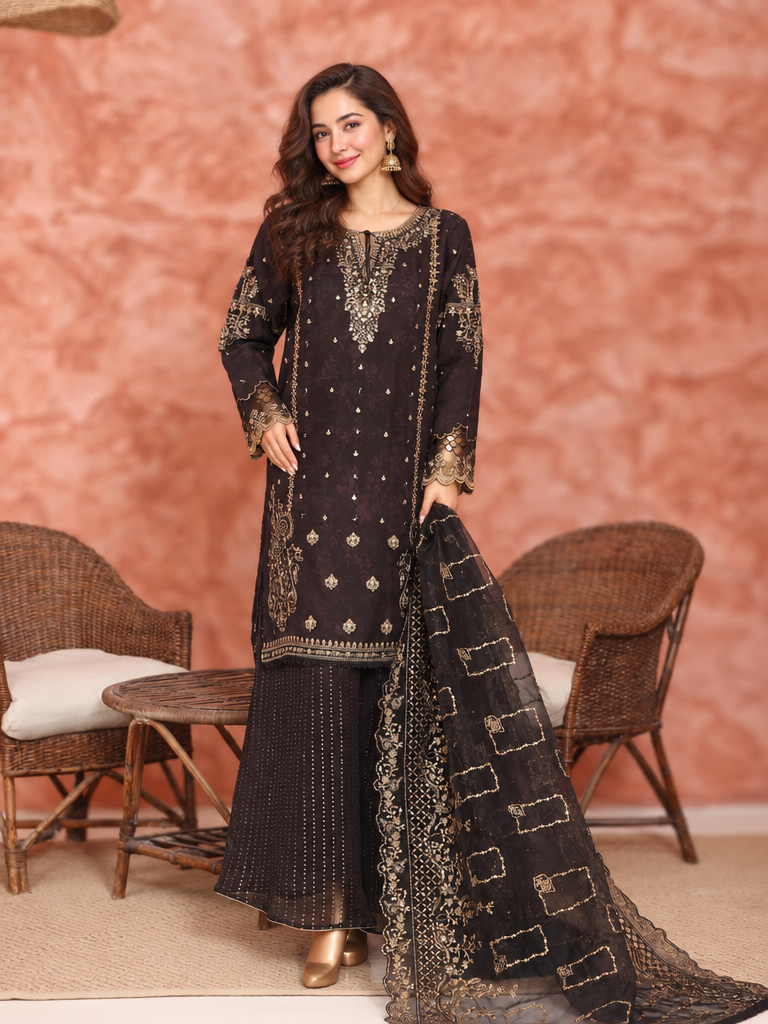 Shaahkaar by HZ Textiles RTW Embroidered Organza 3 Piece Suit HZ26PSO HZK-242 Black - Festive Collection