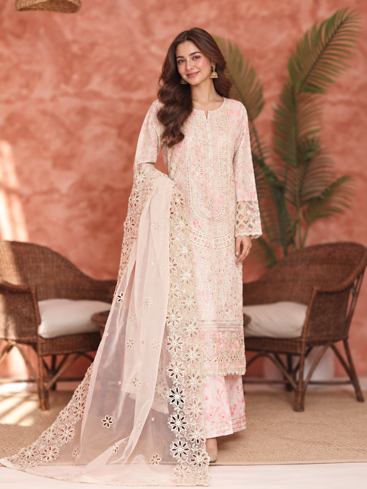 Shaahkaar by HZ Textiles RTW Embroidered Organza 3 Piece Suit HZ26PSO HZK-243 Pastel Pink - Festive Collection